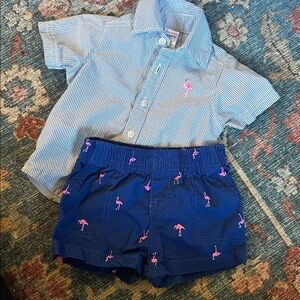 CARTERS Blue Striped Kids Shirt with Pink Flamingo Embroidery Set